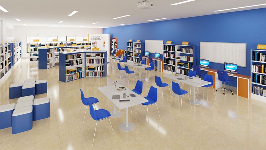 High school students working together at desks in a bright classroom