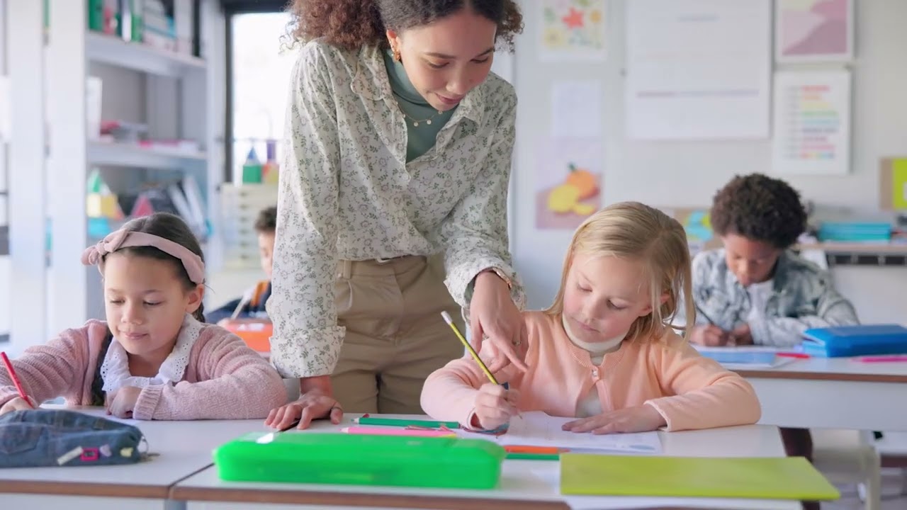 Young children learning through play with colorful materials in a bright kindergarten classroom
